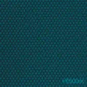 Teal woven fabric sample with dense, repeating raised circular pattern; geometric design “rolla blu pavone peacock” by Vescom, Miniforms.